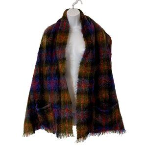 Vintage Mohair/Wool Blend Blue, Yellow, Red Tartan Plaid Shawl + Pockets